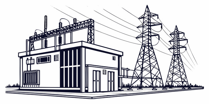 Industrial electrical substation complex with tall metal transmission towers substation electrical transmission electricity industrial infrastructure transformer electric technology industry