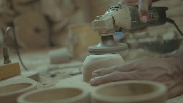 Close-up of Artisan Sanding a Wooden Bowl with an Electric Power Tool