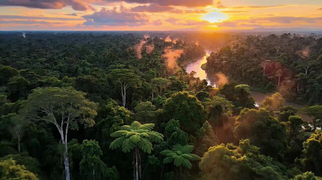 A breathtaking aerial view captures a lush rainforest canopy bathed in the warm glow of a setting sun, highlighting the intricate network of trees and a winding river.