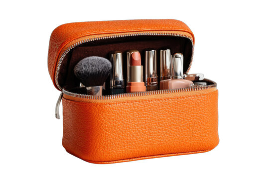 An open, orange leather makeup bag filled with cosmetic items