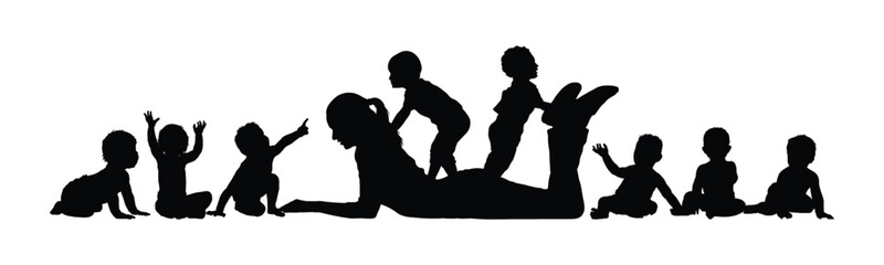 Woman playing with group babies on the floor black silhouettes flat graphic vector illustration. Happy toddlers playing on a woman's back flat vector graphic.