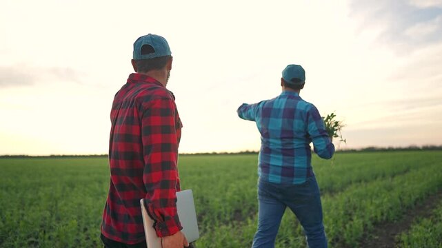 Farmer points ahead while man watches field. Farmer discuss future walk plans field. Man holds laptop farmer continues point. Together they inspect land to study results. Field gives reason to discuss