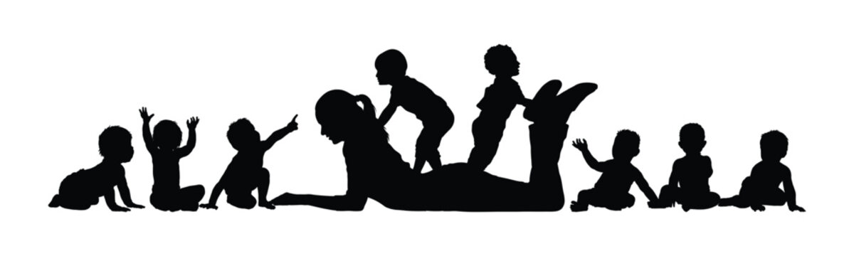 Woman playing with group babies on the floor black silhouettes flat graphic vector illustration. Happy toddlers playing on a woman's back flat vector graphic.