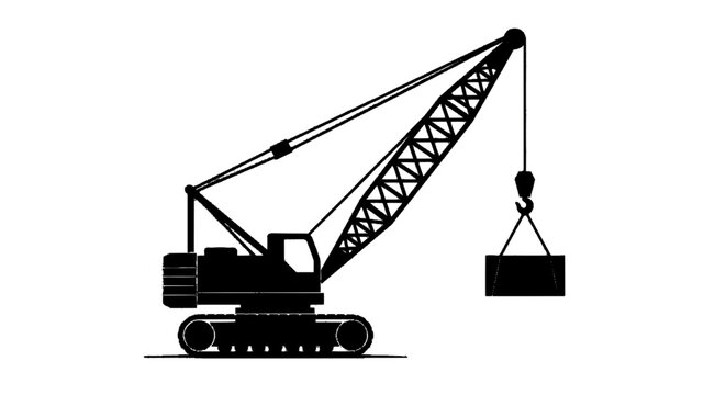 Minimal black silhouette icon, simple flat vector, bold black shape, no, no shading silhouette of a crawler crane lifting a heavy load on a, flat icon style