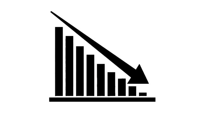 Minimal black silhouette icon, simple flat vector, bold black shape, no, no shading bar chart icon with a downward trend arrow on a, flat icon style