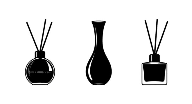 Minimal black silhouette icon, simple flat vector, bold black shape, no, no shading reed diffuser bottles and vase silhouettes on a, flat icon style