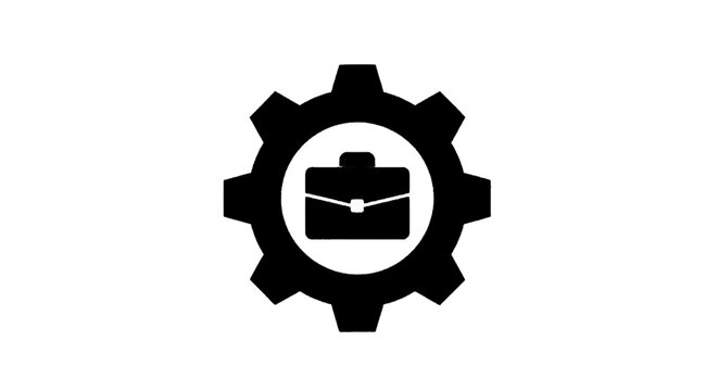 Minimal black silhouette icon, simple flat vector, bold black shape, no, no shading business management icon featuring a briefcase inside a gear on a, flat icon style