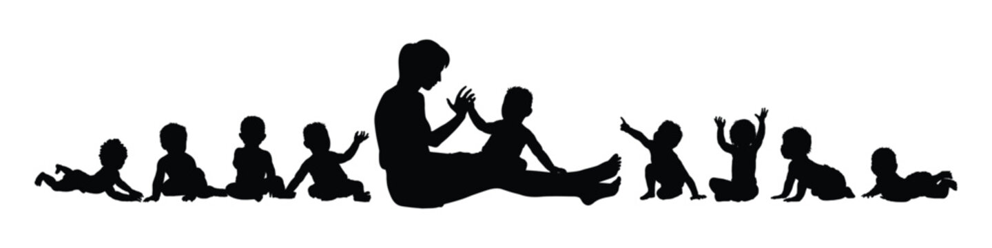 Woman enjoying playing with group of cute babies and toddlers while sitting on the floor black silhouettes on white background.