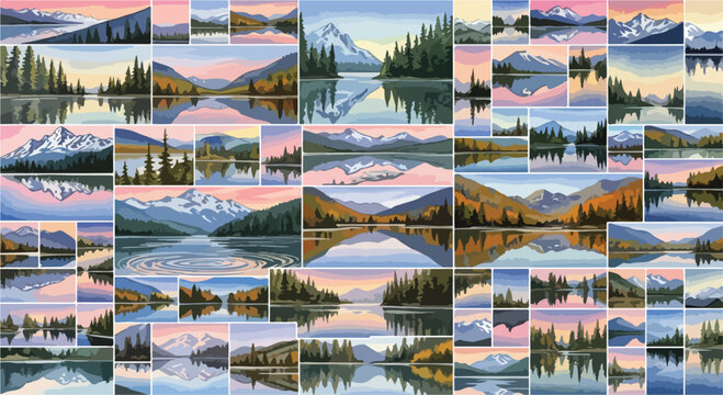 Mountain landscape vector illustration set, scenic lake reflection posters, panoramic wilderness nature backgrounds with pine trees and peaks