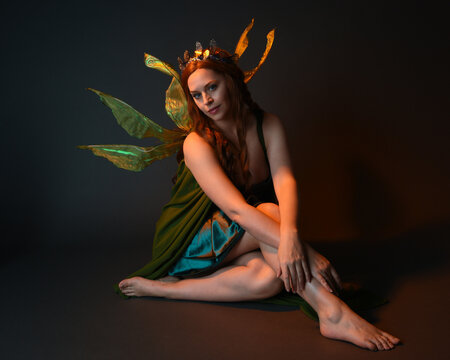 portrait of female model wearing fantasy fairy costume, green dress, cloak, butterfly wings and crown. full length sitting pose, kneeling on floor, dark studio background.