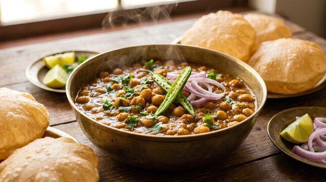 A spicy chickpea curry served in a traditional brass bowl, topped with fresh cilantro and surrounded by crispy puffed puri bread