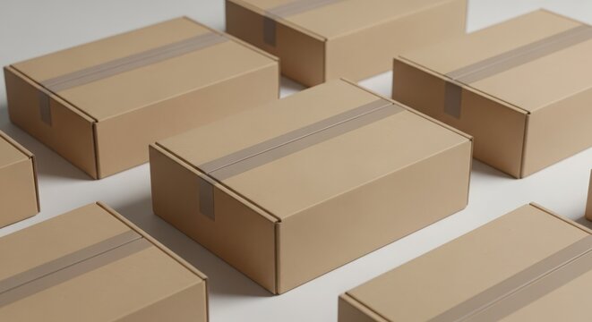 A group of cardboard delivery boxes arranged for shipping and logistics on a plain background