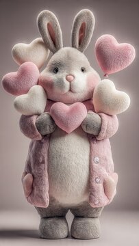 Adorable plush rabbit holding heart balloons in soft pink coat against gradient background
