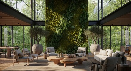 Fototapeta premium Nature-Inspired Living: An airy living room seamlessly blends the indoors with the outdoors. A vertical garden and abundant natural light create a sense of harmony and tranquility. 