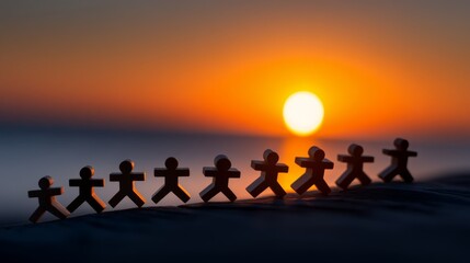 Fototapeta premium Medical professional, planning, wellness, caring, consultation, Journey to Wellness - Wooden Figures Moving Towards Glowing Healthy Horizon with Copy Space, Wellness Concept