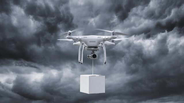 A white drone hovers in a stormy sky, carrying a small white box. Dark clouds create a dramatic backdrop, emphasizing the technology in adverse weather conditions.