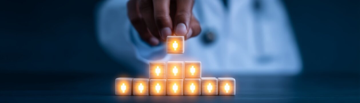 Medical professional, planning, wellness, caring, consultation, Ethical Decision Making - Wooden Doctor Choosing Glowing Node in Concept of Decision-Making, with Copy Space for Text