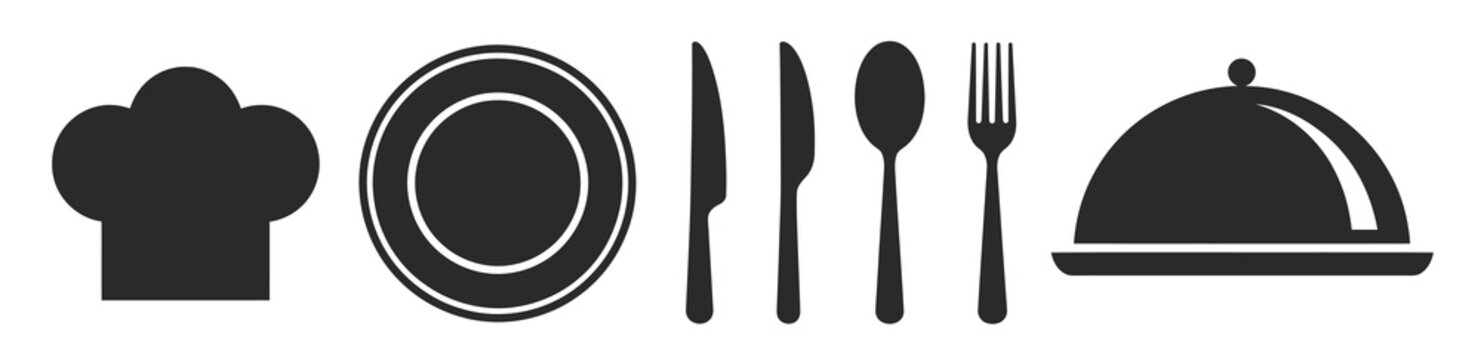 Restaurant menu icons set fork spoon knife plate chef hat. Black dining and cooking icons utensils, plate with cutlery, chef&rsquo;s hat, crossed fork and spoon, serving tray, knife, vector Illustration.