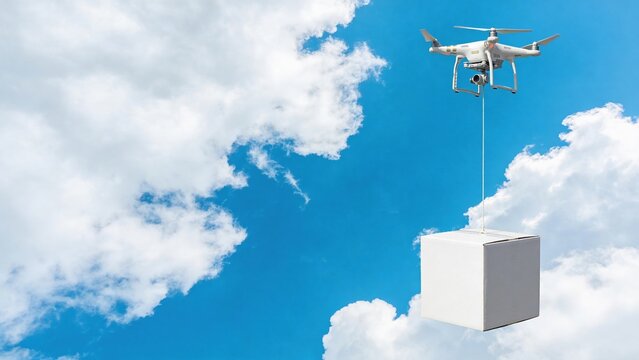 A drone delivers a package in a clear blue sky with fluffy white clouds. The drone is hovering above the ground, showcasing modern delivery technology.