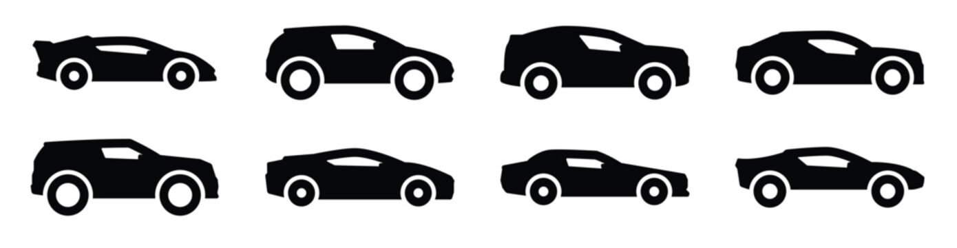 Set of black icons isolated on white background on theme car. Set of black vehicle silhouettes including cars, SUVs, vans, trucks, and buses, vector Illustration.