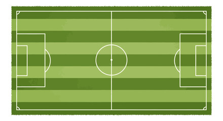 Overhead illustration of a soccer field showing the layout with white lines against a green grass background, the composition is flat and graphic with a vibrant color scheme © Jangkrik