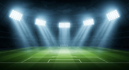 A vividly illuminated soccer stadium with a meticulously maintained green field is captured with a dramatic, wide-angle perspective under a night sky, creating an atmosphere of anticipation © Jangkrik