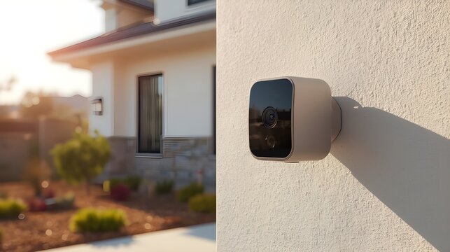 Home Security Camera Installed on Modern House Exterior.