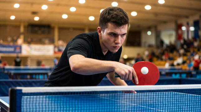 Young man playing ping pong with intense game of table tennis in an arena, holding a red paddle