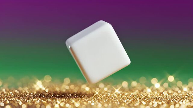 A pristine white cube appears to float above a bed of shimmering gold glitter against a vibrant gradient background of purple and green.