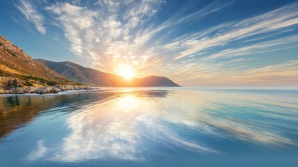 Fototapeta premium Scenic sunrise over calm ocean with mountain range. Golden sunlight reflecting on peaceful water surface against blue sky. Travel and nature landscape background for tourism concept.