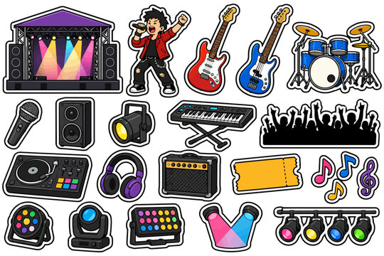 Rock concert elements: stage, instruments, crowd, and lighting stickers.