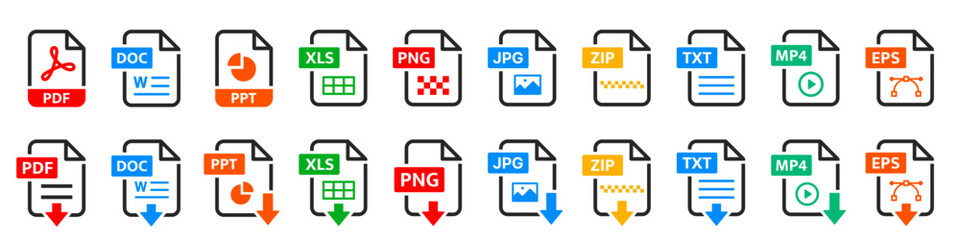 File type icon set. Format, download, PDF, DOC, PPL, XLS, PNG, JPG, text, image, folder, document symbol on white background - stock vector. © Comauthor