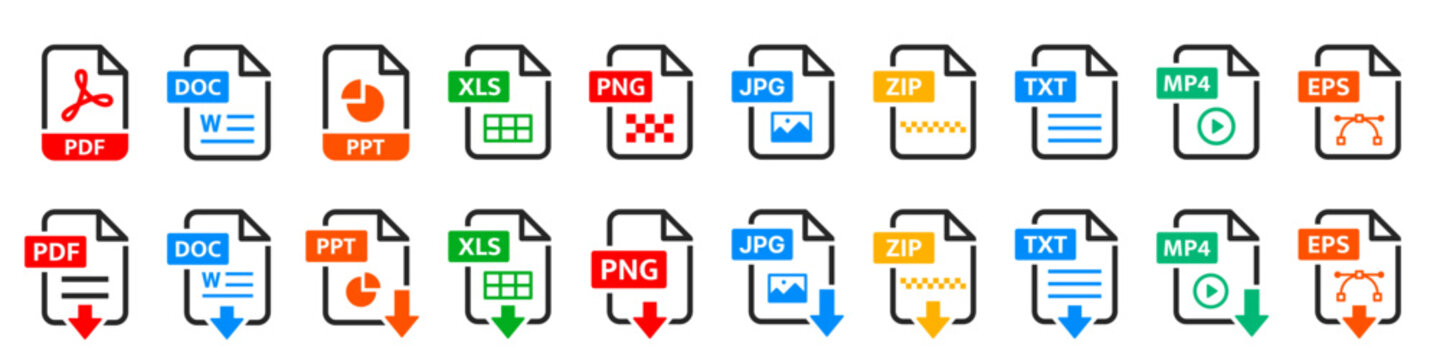 File type icon set. Format, download, PDF, DOC, PPL, XLS, PNG, JPG, text, image, folder, document symbol on white background - stock vector.