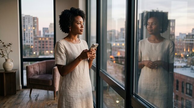 woman by window with reflection without phone digital disconnect minimal lifestyle concept