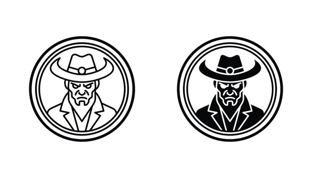 Cowboy outlaw character icon set featuring western bandit with hat in circular frame for gaming and apparel branding vector illustration