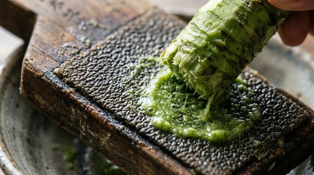 伝統的な鮫皮おろしで本わさびをすりおろす様子。和食の薬味として鮮やかな緑が映える最高級わさびのクローズアップ広告用ストックフォト素材