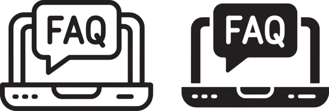 Black and white of a laptop screen displaying a speech bubble with F A Q text frequently asked questions