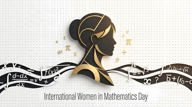 International Women in Mathematics Day vector illustration with female mathematician profile and algebraic equations background