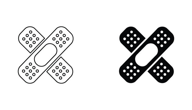 Adhesive bandage silhouette and outline vector icon set representing medical care and first aid equipment for health and wellness branding