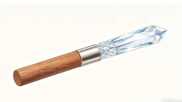 Detailed hand-drawn illustration of a fantasy magical wand with faceted clear crystal tip, light oak wooden handle, and polished silver metal collar on plain white background