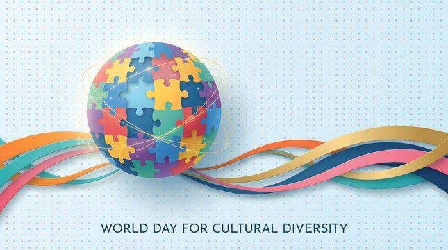 colorful pixelated globe with multicultural ribbons celebrating world cultural diversity day