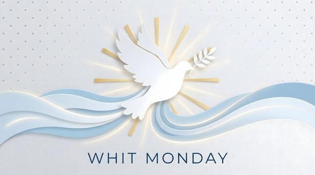 White feather quill pen with ink waves for Whit Monday celebration minimalist design