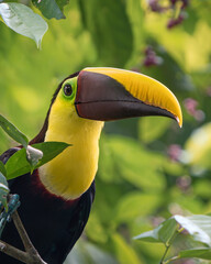 Yellow-throated toucan (Ramphastos ambiguus) in its natural habitat, side profile portrait showing the large colorful beak, lush jungle foliage background. © Daniele Tavolini
