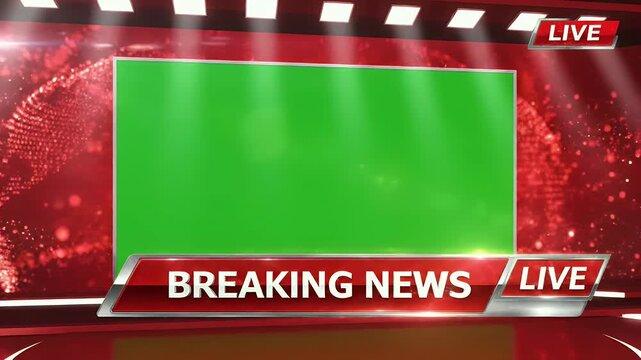 A dynamic breaking news graphic features a green screen area surrounded by red lighting and bold text, creating a sense of urgency and live reporting.