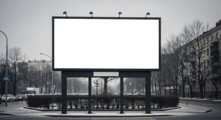 Fototapeta premium Blank billboard frame on a cloudy winter street, ready for advertising and outdoor promotion