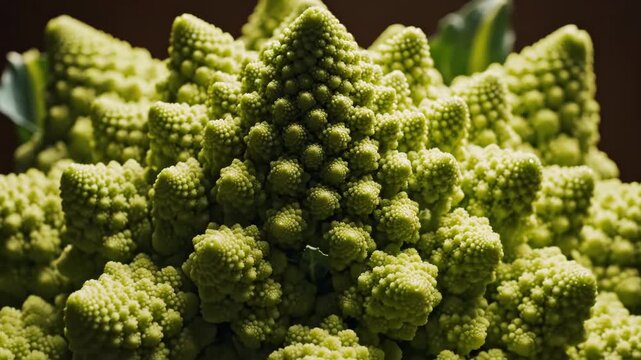 Closeup of romanesco broccoli with spiral fractal patterns and vivid green texture.