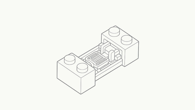 Isometric technical line art cutaway drawing of a hinged interlocking building brick connector, showing internal mechanical hinge joint structure between two two-stud brick end pieces