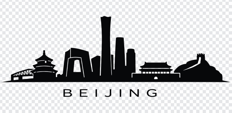 Black silhouette of beijing city skyline with famous landmarks and buildings