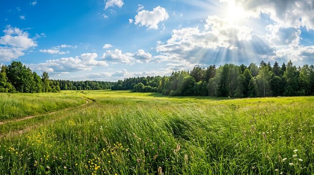 Lush green meadow featuring tall grass swaying in the breeze.
