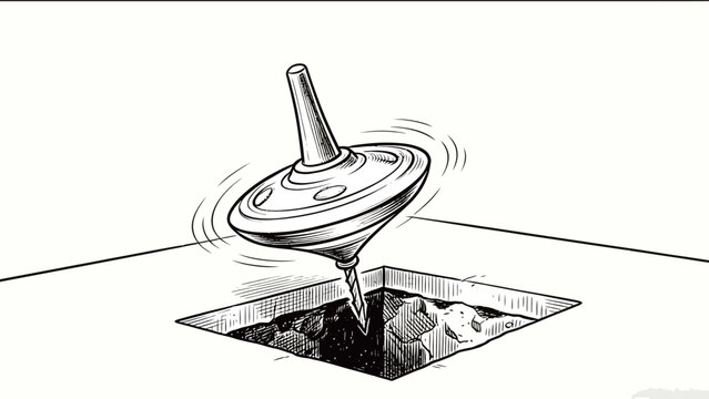 Black and white ink line art illustration of a spinning top with a drill bit tip, actively drilling into a square recessed hole on a flat surface, motion lines conveying rapid spinning rotation